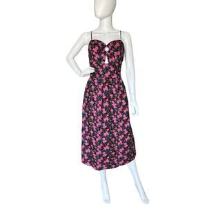Dark Floral Sun Dress Size L Cotton Keyhole Cutout Black Pink Sleeveless Summer